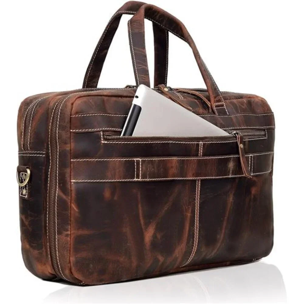 Men's Full Grain Italian Leather Briefcase Laptop Bag with Multiple Compartments